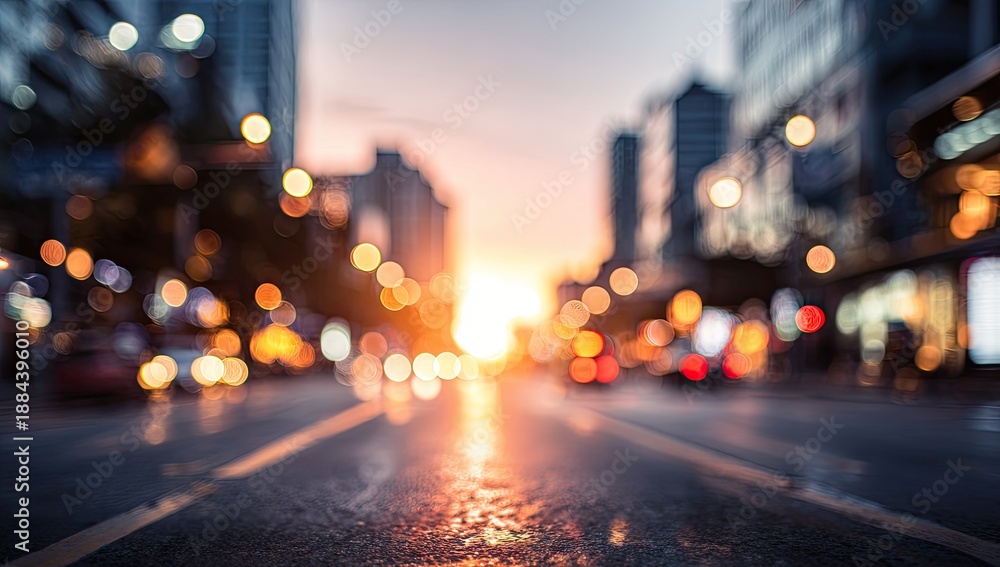 Fototapeta premium Blurry cityscape at sunset, warm light reflecting on wet road