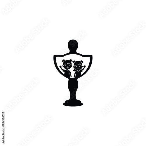 Silhouette of a woman holding two happy children in a protective embrace