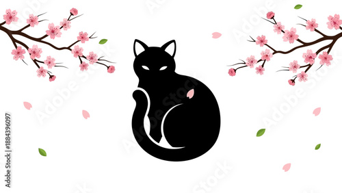 Black Cat Sitting in Floral Setting.