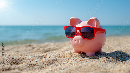 A pink piggy bank wearing red sunglasses sits on sandy beach near the ocean. The scene captures a playful summer vibe with clear blue skies.