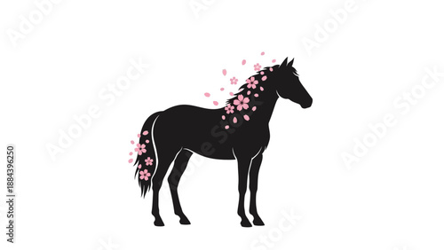 Black horse with pink flowers mane.