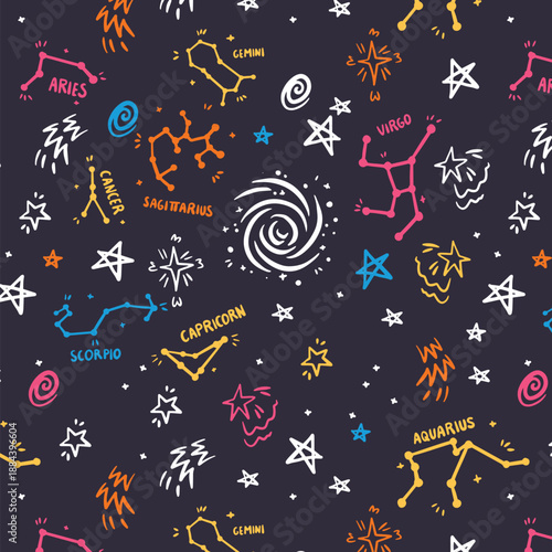 Cosmic constellation zodiac illustration seamless astrology night background vector