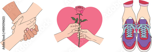 Vector illustration of hands holding together, giving a rose with a heart background, and holding colorful sneakers, romantic and active lifestyle gestures