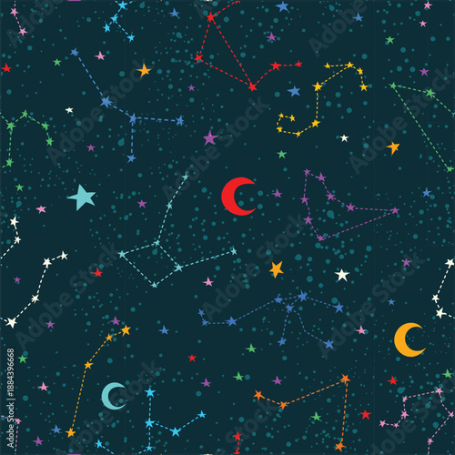 Cosmic zodiac constellation illustration seamless astrology night background vector