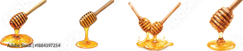 Watercolor set wooden honey dippers with delicious golden honey dripping from them shown in a fully colored. Isolated on white background