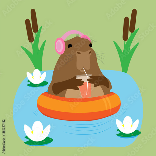 A brown capybara with pink headphones and a glass of juice in its paws is swimming with a life ring in a pond.