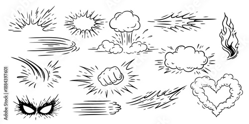 Comic explosion punch cloud mask fire and speed elements set doodle superhero effect