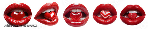 set of lips holding heart shaped candy for valentine romance sensual beauty close up