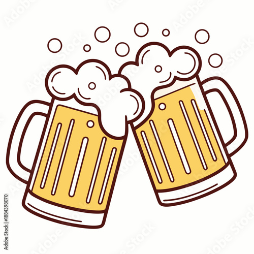 Two beer mugs clinking together with foamy heads and bubbles rising, cheerful drinking illustration