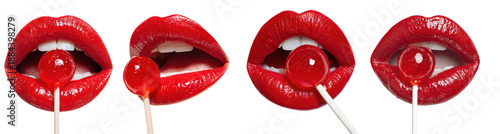 Isolated red glossy lips licking a lollipop for a valentine day cutout design element