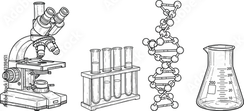 Vector sketch set of science laboratory equipment, microscope with test tubes and DNA helix, biology chemistry research tools isolated on white background.