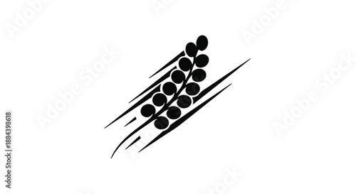 Simple black and white illustration of a wheat stalk with moving lines suggesting growth and wind