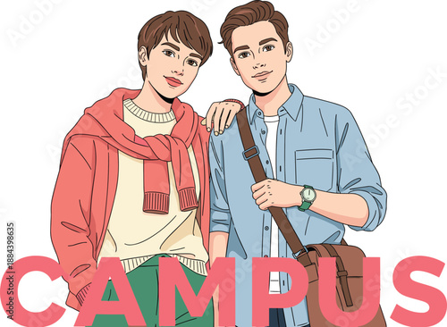 Vector, Illustration, Of, Two, Male, University, Students, Standing, Together, On, Campus, Wearing, Casual, Clothes, With, Bags, For, Education, Learning, Youth, And, Lifestyle