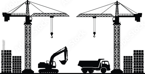 Collection of construction worker silhouettes in green safety vests and hard hats, industrial building site labor, professional engineering maintenance, development team