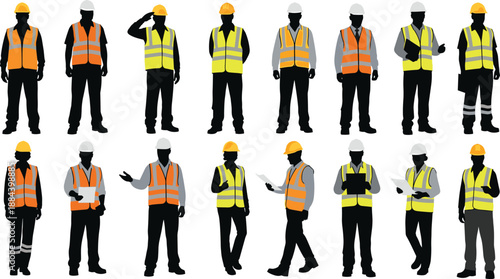 Silhouette collection of male and female construction workers in safety vests and hard hats, industrial building team, site labor professional development