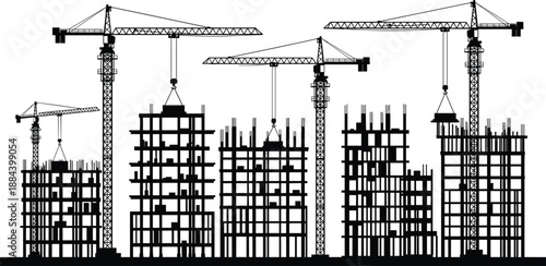 Silhouette of city skyline construction with heavy tower cranes, building frames, urban development project, industrial civil engineering, and infrastructure growth architecture