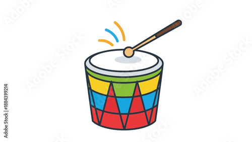 Colorful cartoon drum with a drumstick on a white background, simple illustration with geometric patterns.