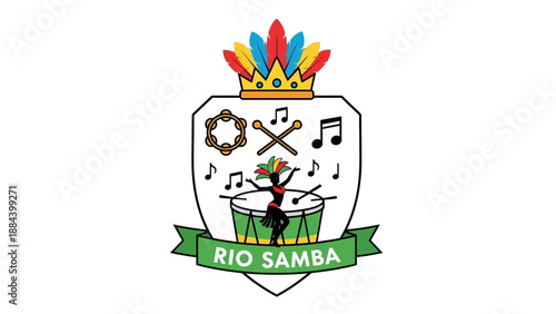 Logo of Rio Samba featuring a colorful crest with musical elements and a drummer on a green banner.
