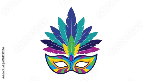 Vibrant colorful Mardi Gras mask with feather design on white background, flat lay, conveying festive mood.