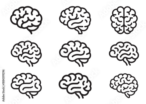 Brain Line Art Icon Set, Outline Stock Vector Illustration