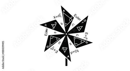 Geometric pinwheel with mathematical equations and symbols, representing abstract concepts and learning.