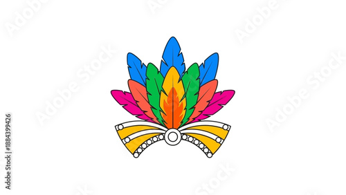 Colorful feathered headdress with a bow tie on a white background, featuring blue, green, orange, pink, and yellow feathers.