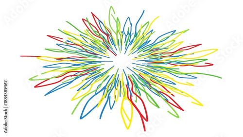 Colorful abstract illustration of multicolored lines radiating from a central point on a white background with a vibrant and dynamic mood.