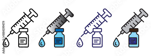 Vaccine and syringe icons set showcasing medical injection and dosage preparation