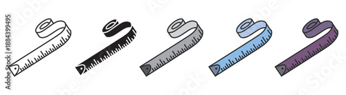 Collection of five flexible tape measures in various colors and styles for precise tailoring and crafting