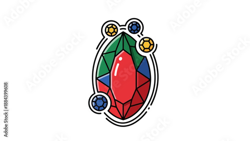 A colorful stained glass brooch with a red center stone and green, blue, and yellow accents on a white background.
