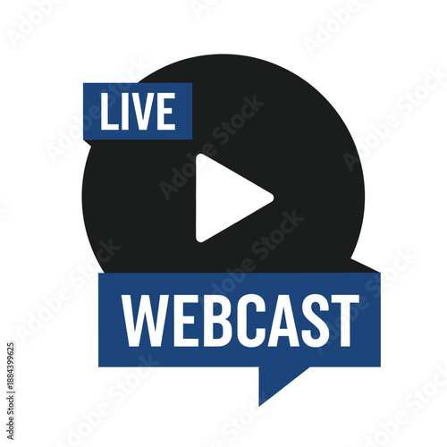 Live Webcast Streaming Play Button Icon with Blue Text Labels, Online Video Broadcast and Digital Event Vector Graphic