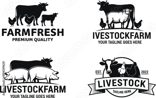 Vintage livestock farm logo collection, cattle sheep pig chicken silhouettes for agriculture branding, ranch emblem, organic farming business identity design vector set