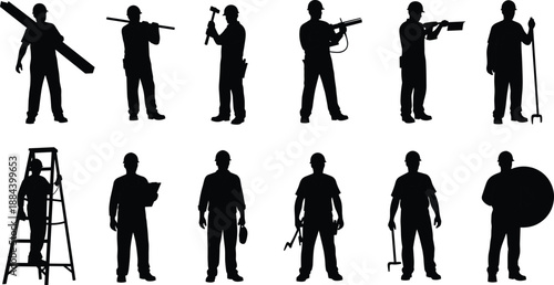 Silhouette of industrial construction site with heavy tower cranes, building frame, excavator, and workers in safety vests, urban development project, infrastructure