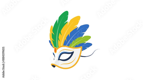 Close-up of a colorful carnival mask with feathers on a white background, in a vibrant and festive mood.