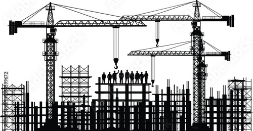 Silhouette of construction workers standing on building frame with tower cranes, industrial urban development, civil engineering project, and site labor architecture