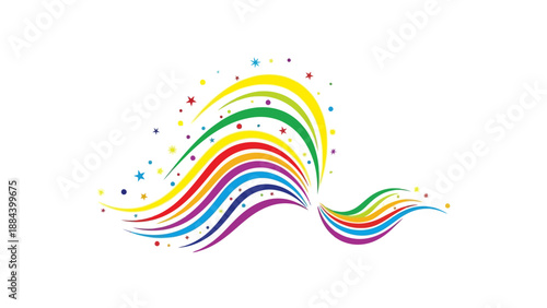 Vibrant, multicolored wavy lines and dots on a white background in a graphic design element.