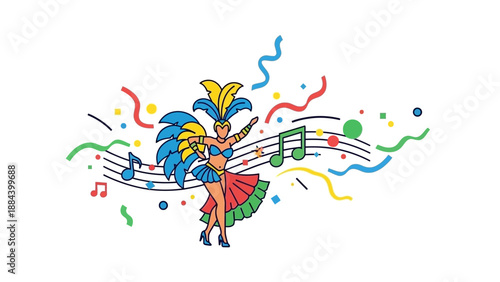 Colorful illustration of a dancing woman in a vibrant costume with feathers, surrounded by music notes, confetti, and streamers on a white background.