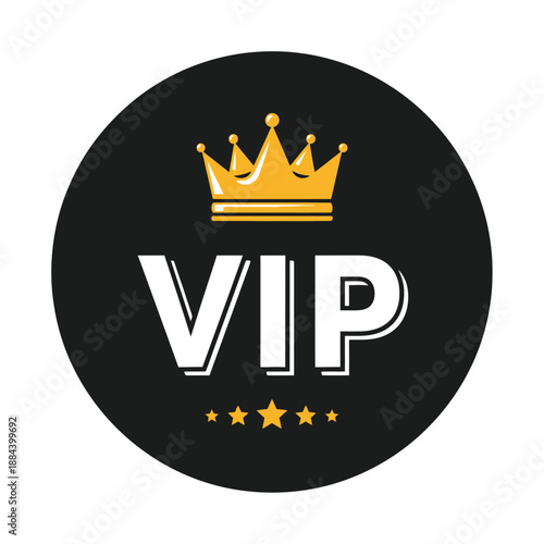 VIP Access Symbol with Golden Crown and Four Stars on Black Circle, Exclusive Status and Premium Service Vector Design