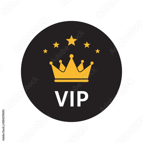 VIP Premium Access Icon with Golden Crown and Stars on Black Circle, Exclusive Membership and Luxury Service Vector Design