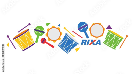 Colorful illustration of musical instruments including drums and maracas with the RIXA logo against a clean white background.