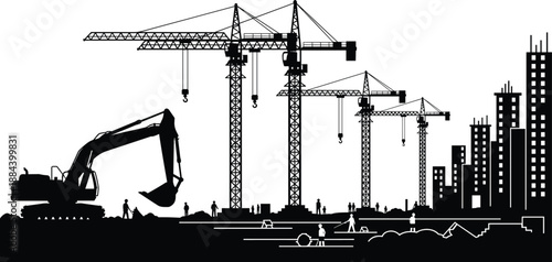 Silhouette of industrial construction site with heavy tower cranes, building frames, excavators, and workers in safety gear, urban development project