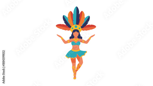 Colorful illustration of a dancing woman wearing a vibrant feathered headdress and a blue outfit against a white background.
