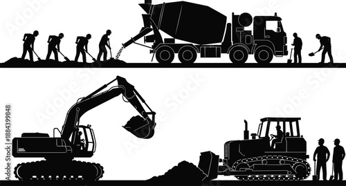 Silhouette of industrial construction site with heavy tower cranes, building frames, excavator, and workers in safety vests, urban development project, infrastructure