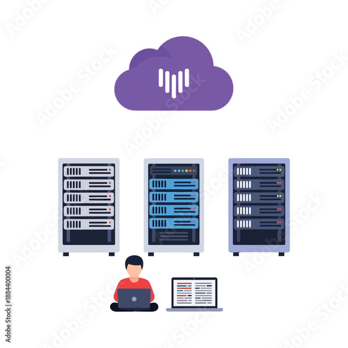 Cloud Computing Network with Server Racks and User Connecting from Laptop, IT Infrastructure Concept