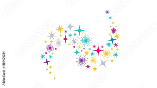 Colorful starburst shapes and dots scattered across a white background in a vibrant, celebratory composition with bright pink, blue, yellow, and purple hues.