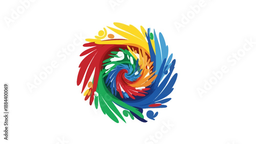 Vibrant swirl of colorful brushstrokes forming a circular pattern on a white background with a mix of red, orange, yellow, green, and blue hues.
