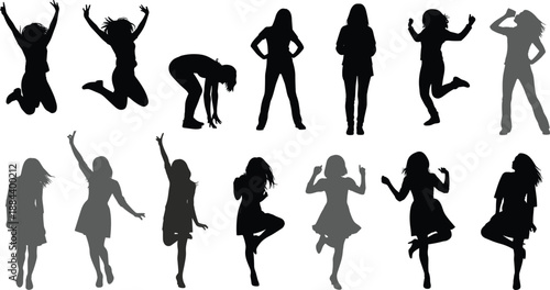 Silhouettes of women in various active poses, joyful girls jumping, dancing, and standing, diverse female figures for social and community concept
