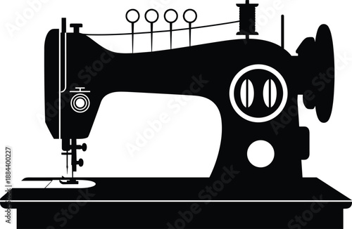 Vintage sewing machine silhouette vector illustration, antique tailor equipment icon, dressmaker tool for fashion design, handicraft and garment industry logo on white background
