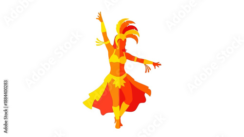 Vibrant illustration of a dancing woman wearing an orange and yellow costume with feathers, against a clean white background with warm tones.