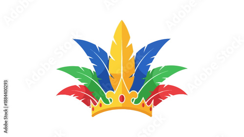 Colorful illustration of a crown adorned with multicolored feathers on a white background with graphic design elements.